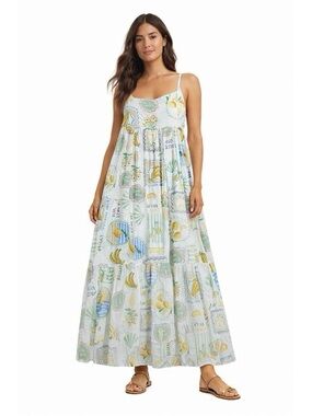 Paper Heart | Floral & Fruit Print Maxi Dress in Pastel Blue Green | Size Med
